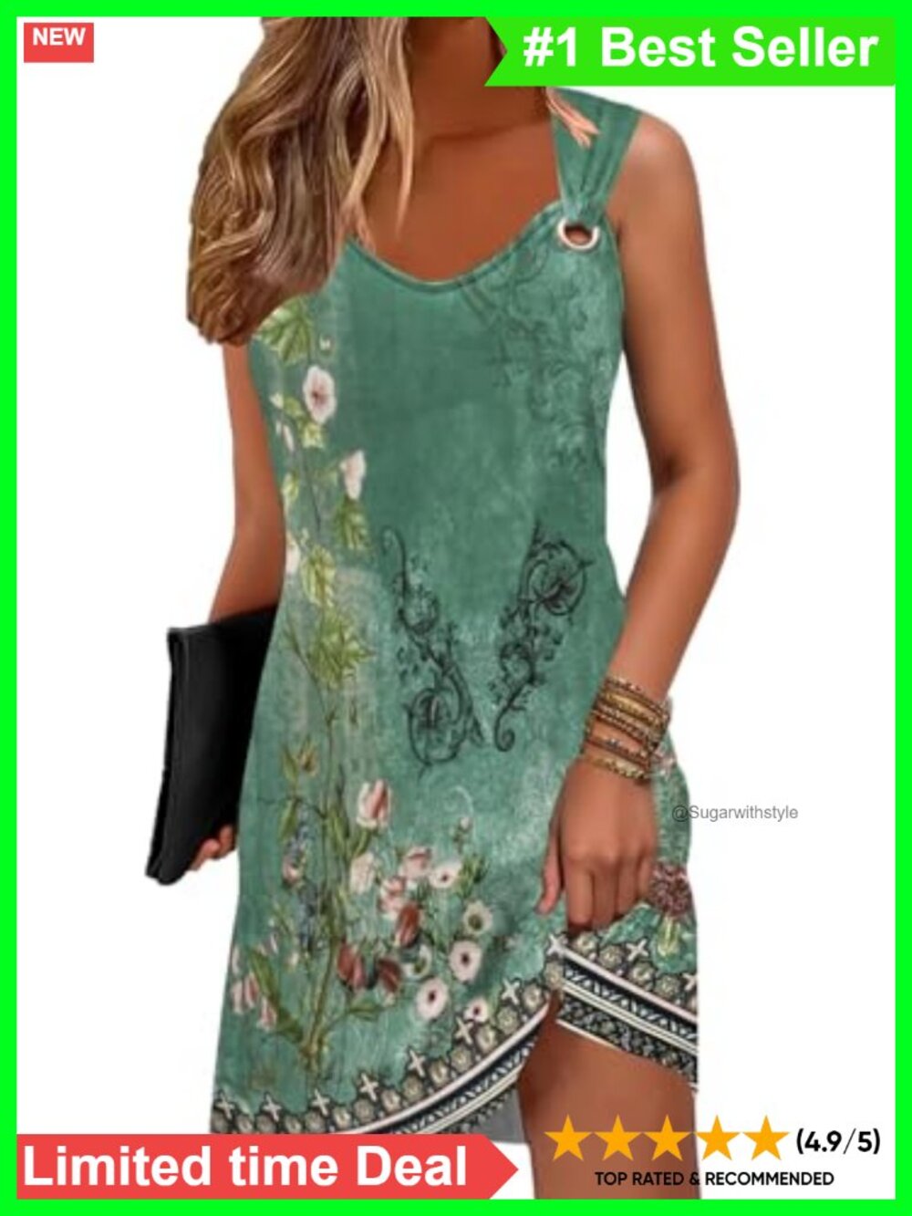 Boho Floral Sundress Sleeveless V Neck Beach Cover Up with Pockets